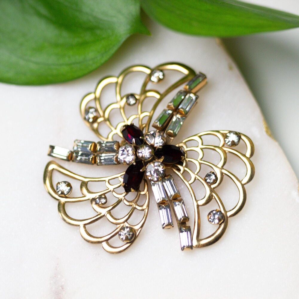 Vintage Phyllis Signed 12K Gold Filled Ruby Red Rhinestone Flower Brooch Pin GF